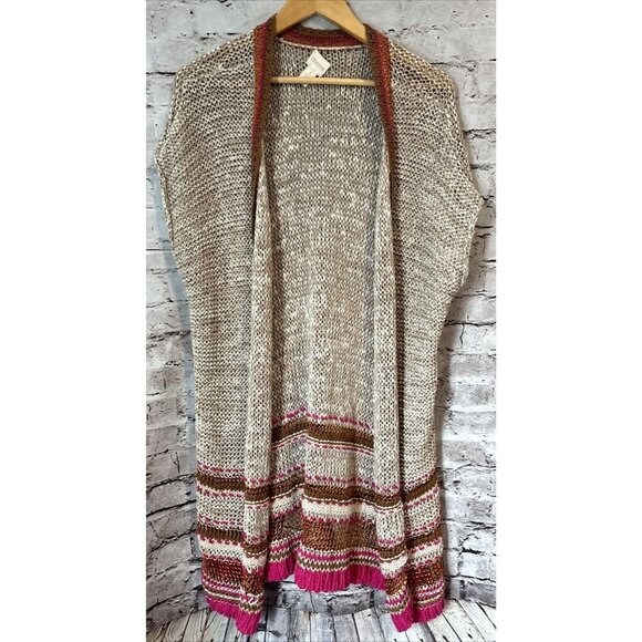 Chico's Long Line Sleeveless Cardigan Sweater Open Tan Brown Metallic Sz 3 Large - Picture 1 of 5